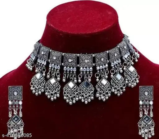 Tehzeeb Creations Women's Silver Colour Oxidised Necklace And Earrings Set