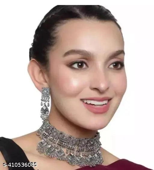 Tehzeeb Creations Women's Silver Colour Oxidised Necklace And Earrings Set