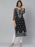 ADA Women Black & White Paisley Chikankari Embroidered Straight Handloom Kurta