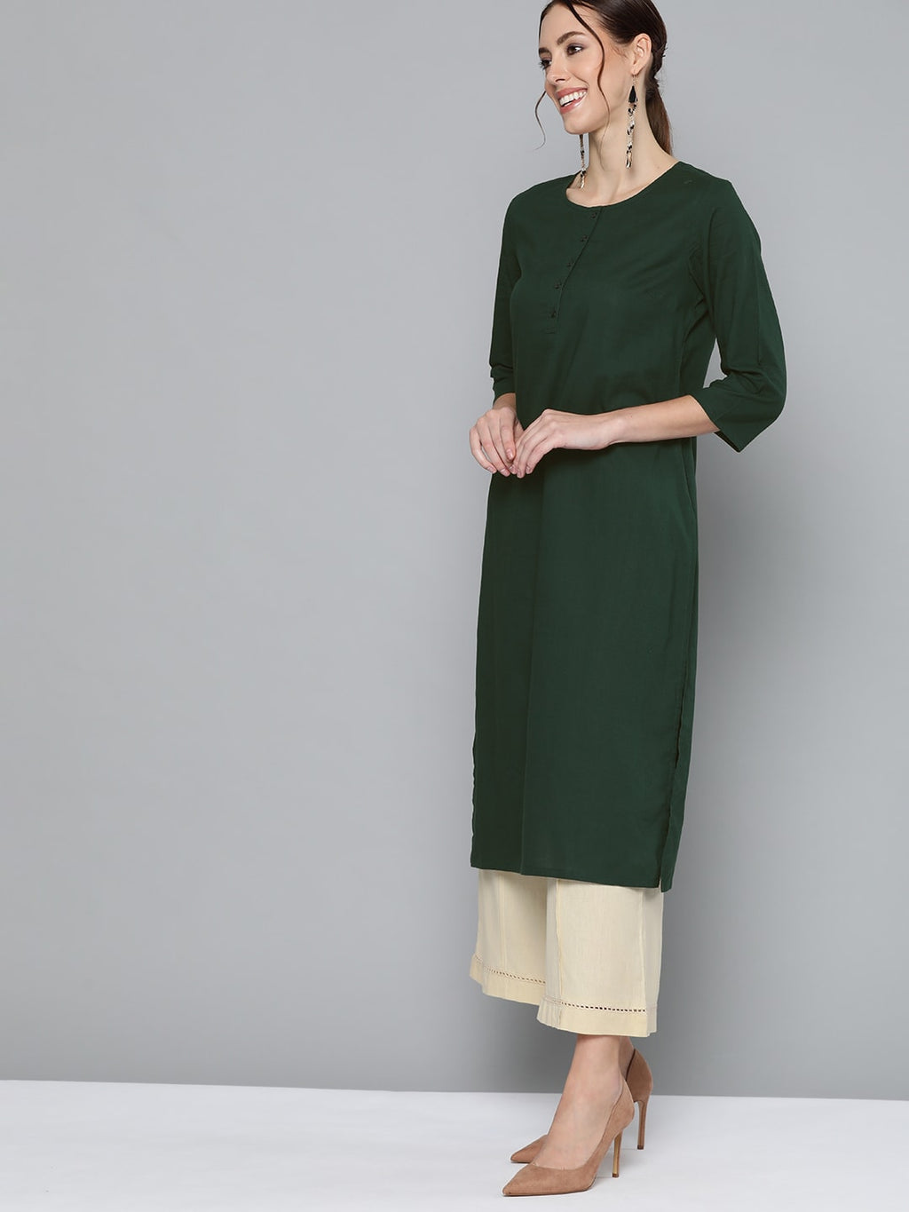 HERE&NOW Women Green Pure Cotton Solid Kurta