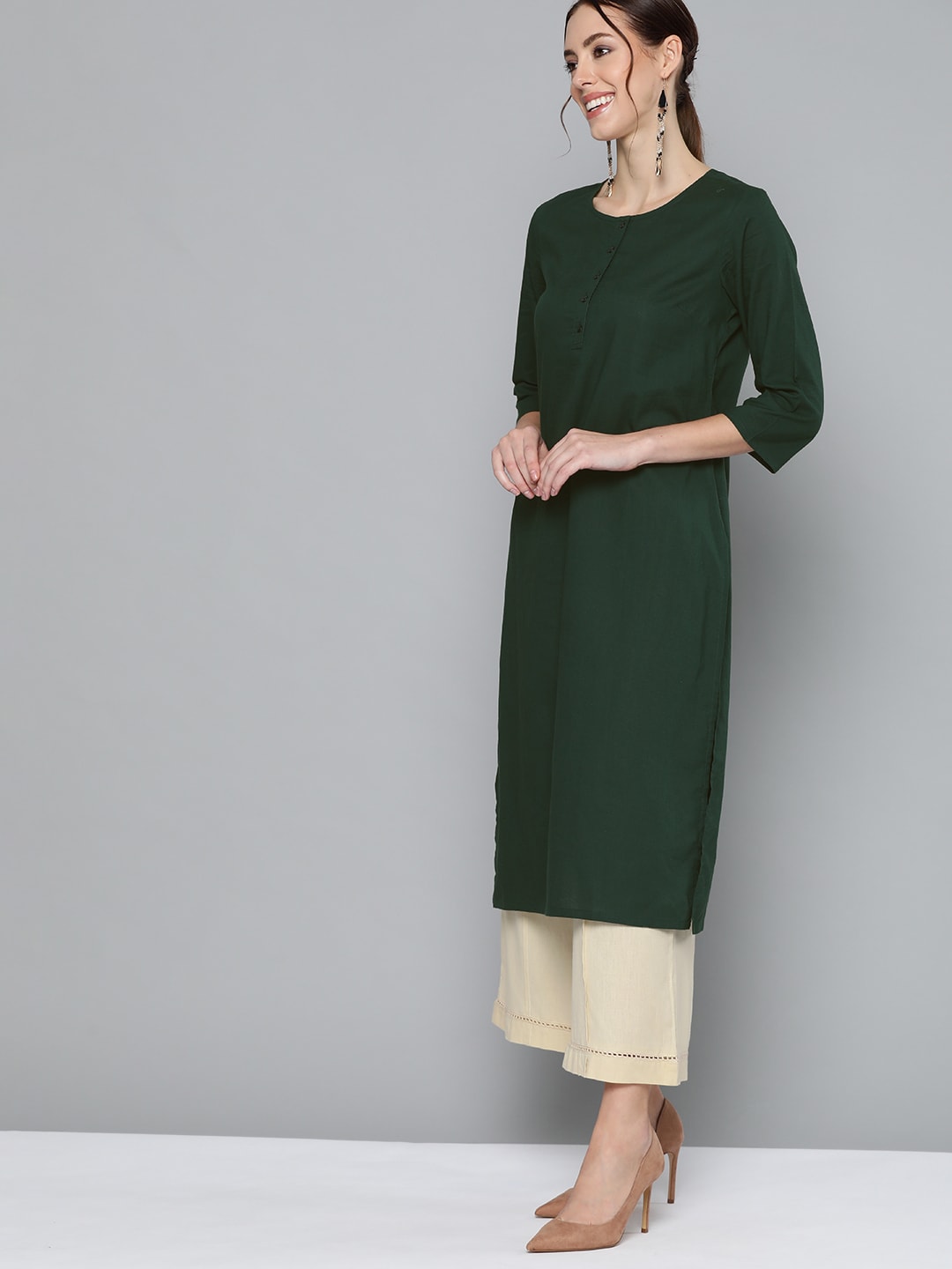 HERE&NOW Women Green Pure Cotton Solid Kurta