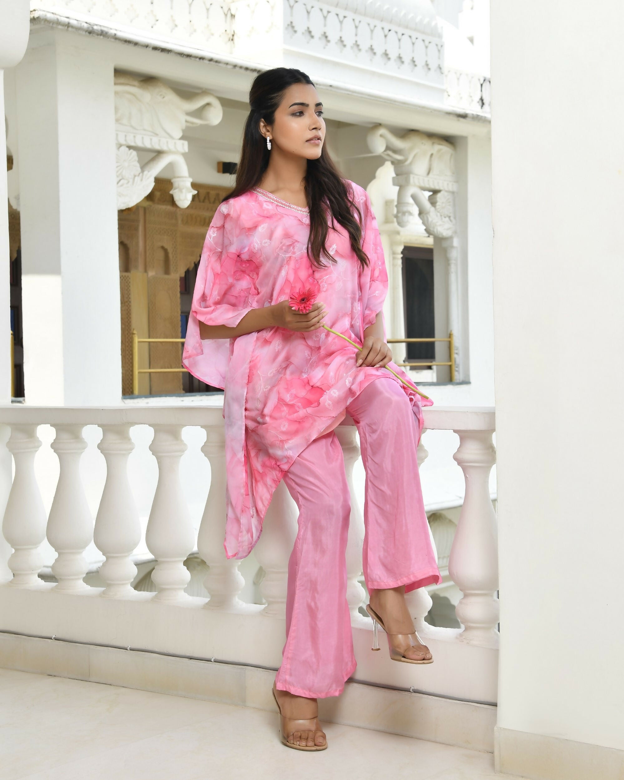 Vaasva Women's Pink Georgette Marble Print Kaftan Pant Set