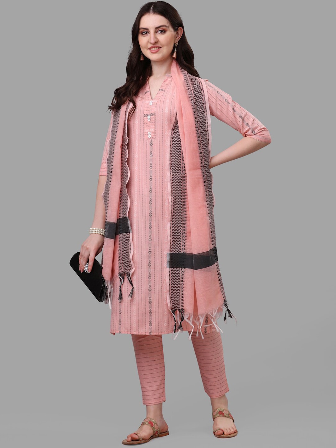 HERE&NOW Women Peach Striped Pure Cotton Kurta with Trousers & With Dupatta
