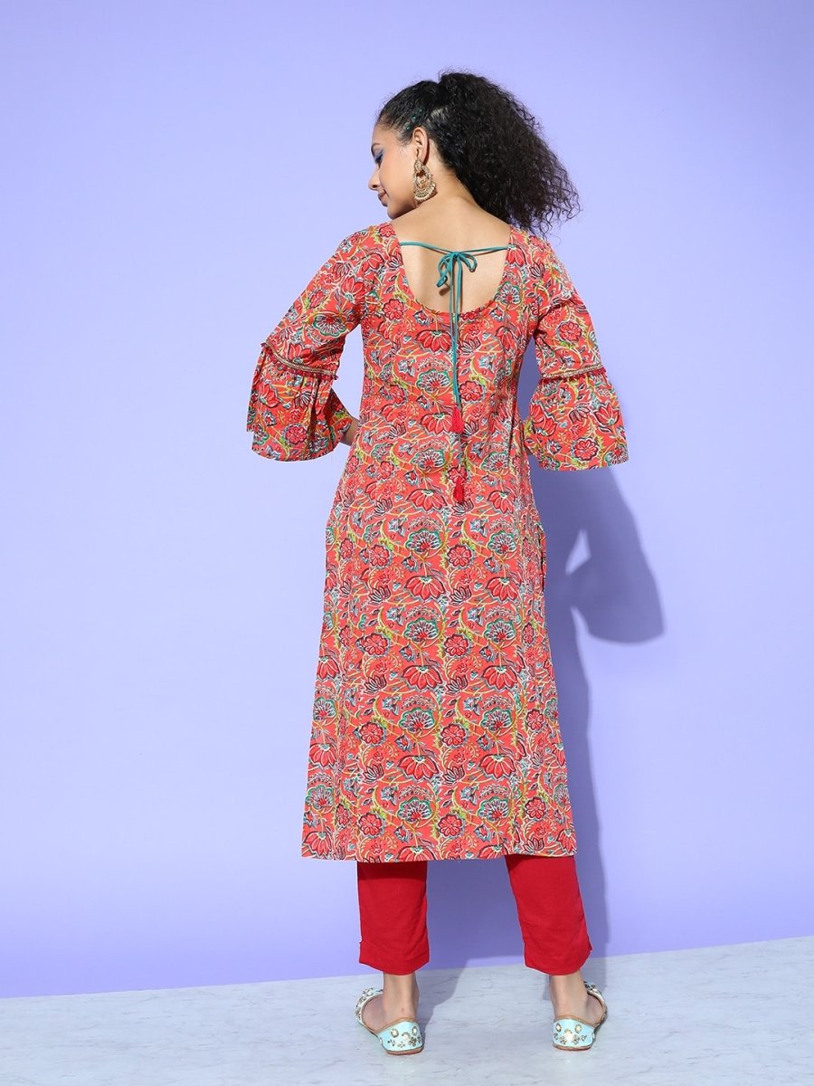 All About You Women Orange & Green Floral Printed Bell Sleeves Gotta Patti Kurta