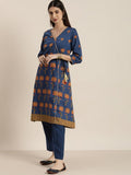 All About You Women Blue Floral Printed Angrakha Kurta with Trousers