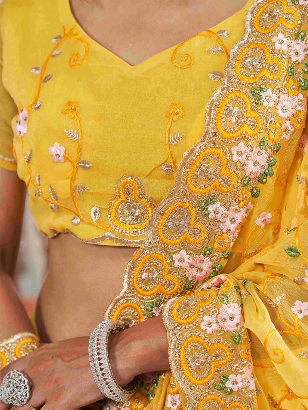Tikhi Imli Yellow Ethnic Motifs Beads and Stones Embroidered Saree