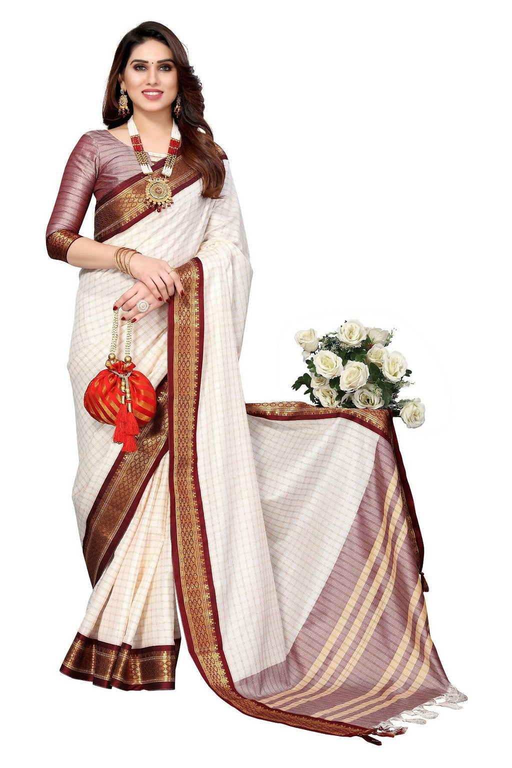Vamika Weaving White Cotton Silk Saree (DEVAL MAROON)