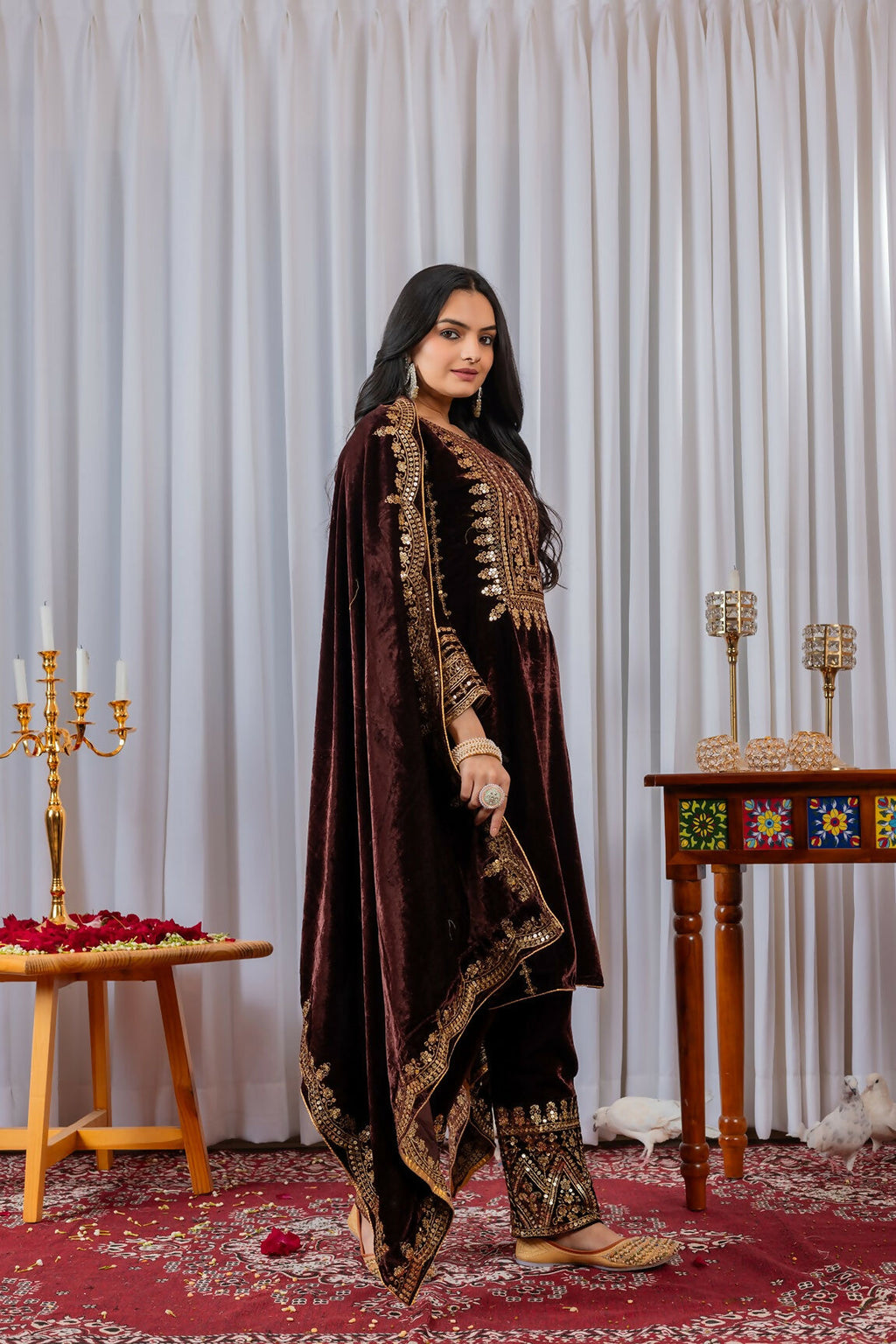 Joban Fashion Wine Velvet Sequence Embroidery Work Kurta Set