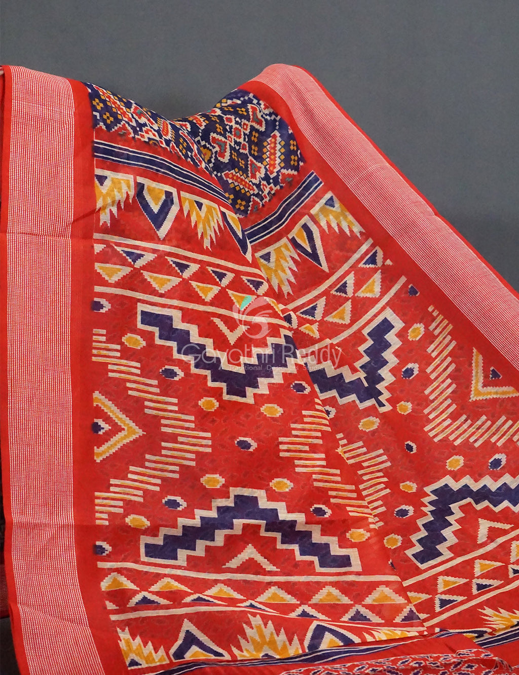 Shades Of Navy Blue And Red Patola Print Semi Chanderi Saree By Gayathri Reddy Designer Studio