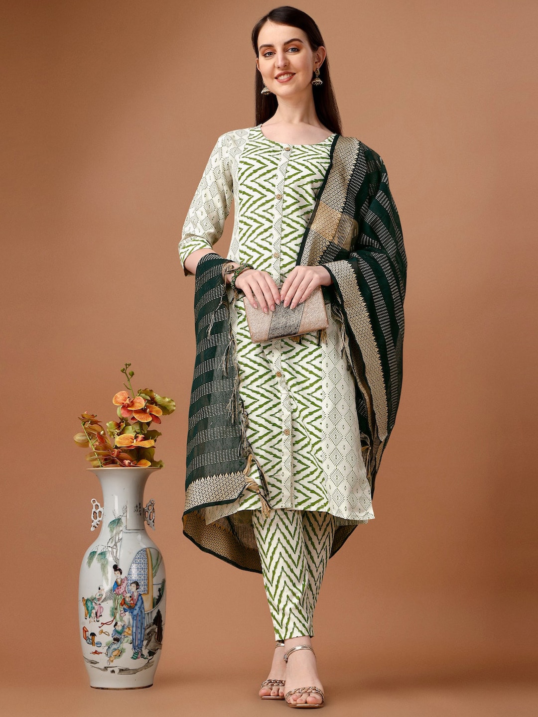 HERE&NOW Geometric Printed Pure Cotton Kurta With Trousers & Dupatta