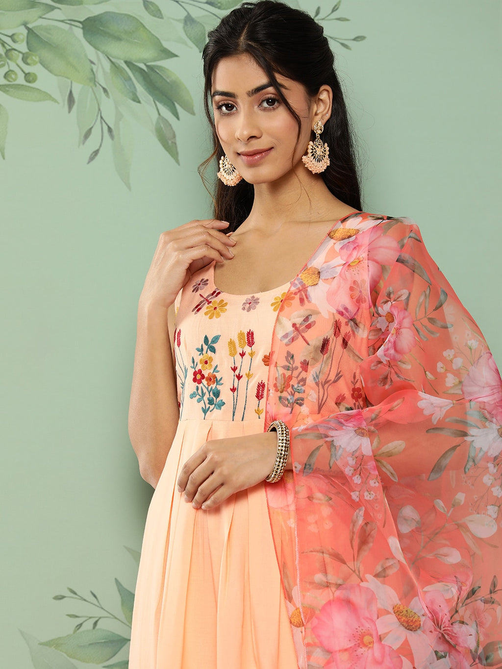 HERE&NOW Women Floral Yoke Design Pleated Thread Work Kurta with Trousers & Dupatta
