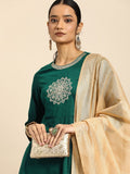 All About You Women Teal Green Embroidered Kurta with Dupatta