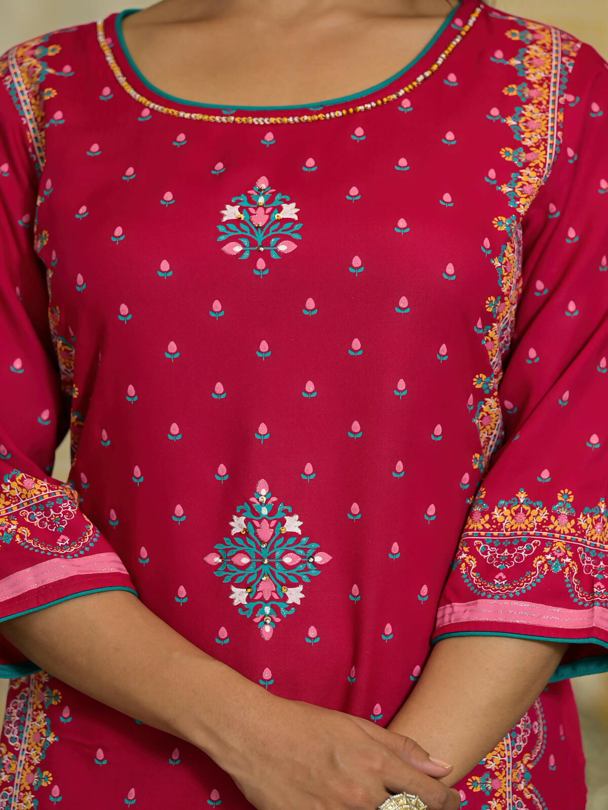 Juniper Women's Fuchsia Ethnic Motif Printed Liva Rayon Tunic Sharara and Dupatta Set With Sequins & Gota Patti Work
