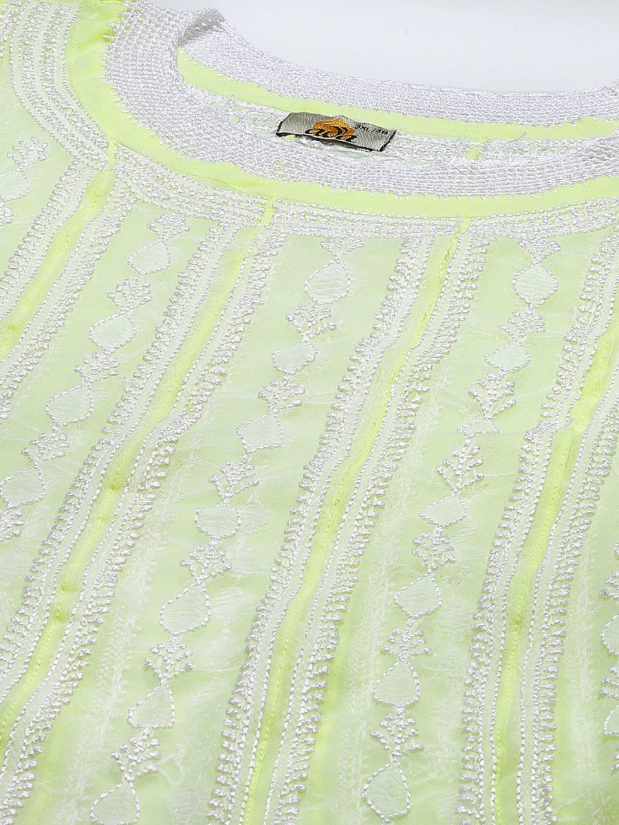 ADA Women Lime Green & White Ethnic Motifs Plus Size Chikankari Georgette Anarkali Kurta