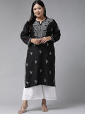 ADA Women Plus Size Black & White Chikankari Hand Embroidered Sustainable Straight Kurta