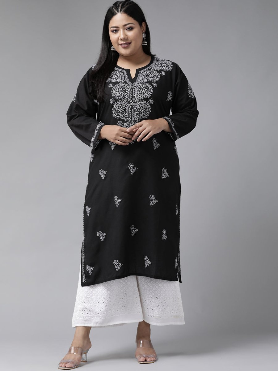 ADA Women Plus Size Black & White Chikankari Hand Embroidered Sustainable Straight Kurta