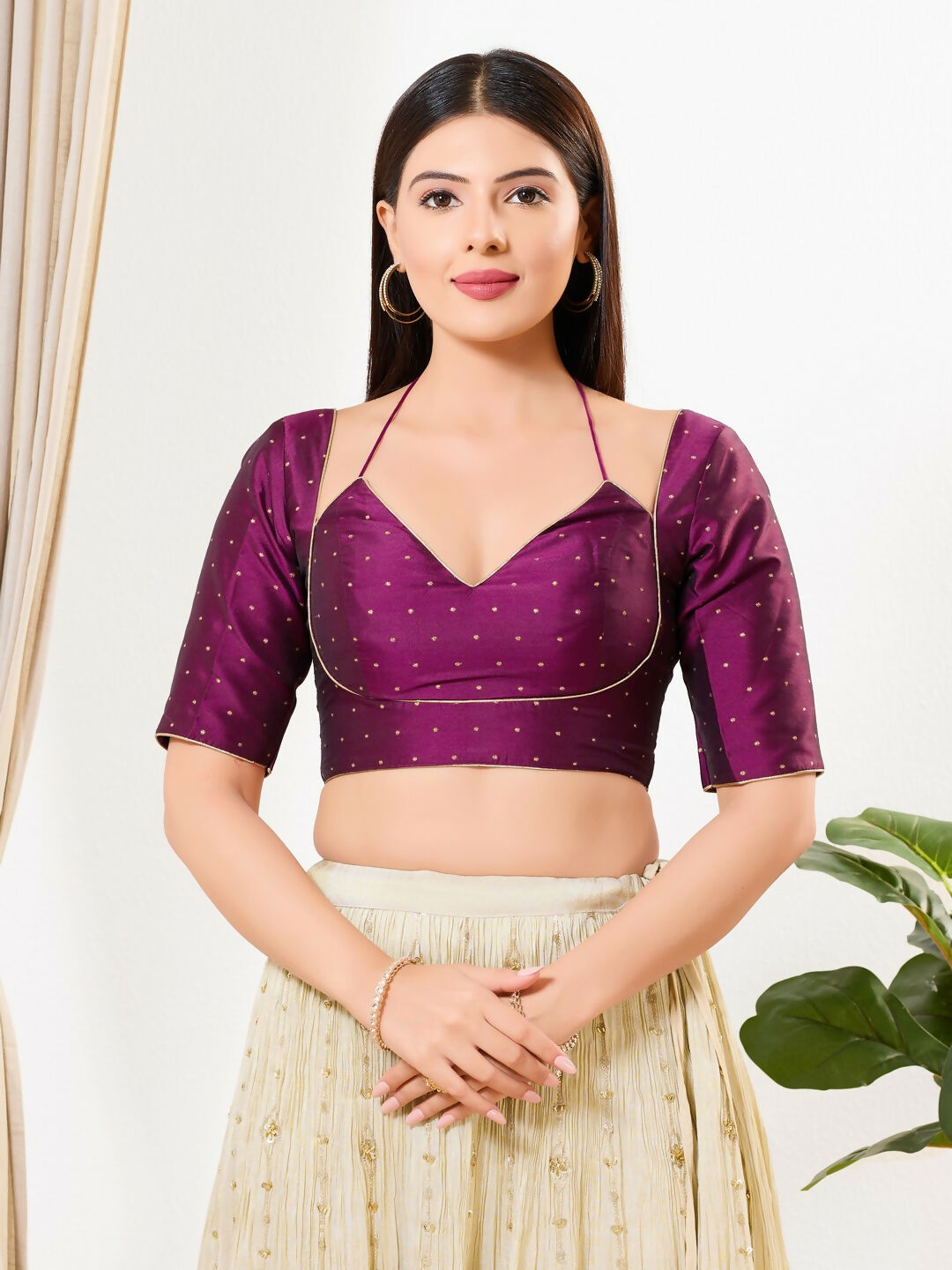 Joban Fashion Purple Brocade Padded Blouse With Sweetheart Neck Elbow Sleeves