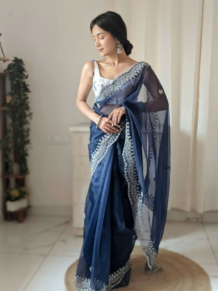 Vamsee Shirovastra Navy Blue Organza Saree