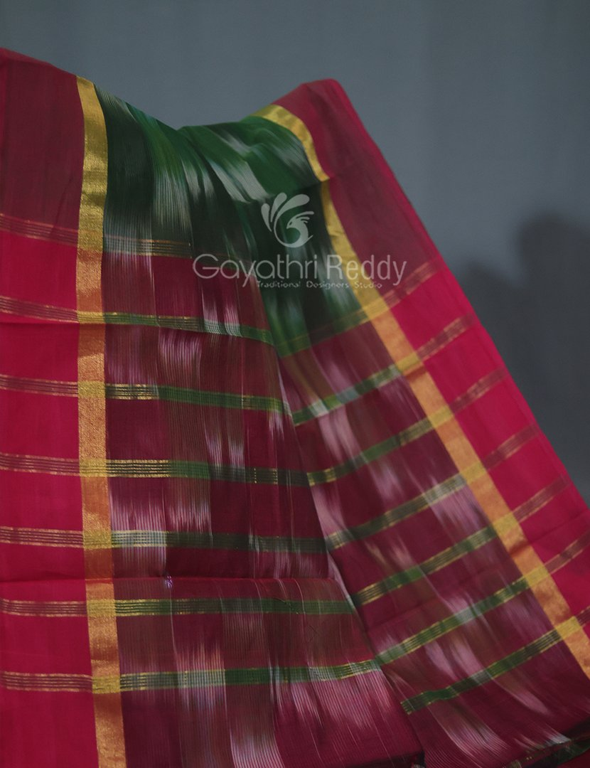 Dual Shades of Mango Green And Maroon Mangalagiri Ikkat Cotton Saree By Gayathri Reddy Designer Studio