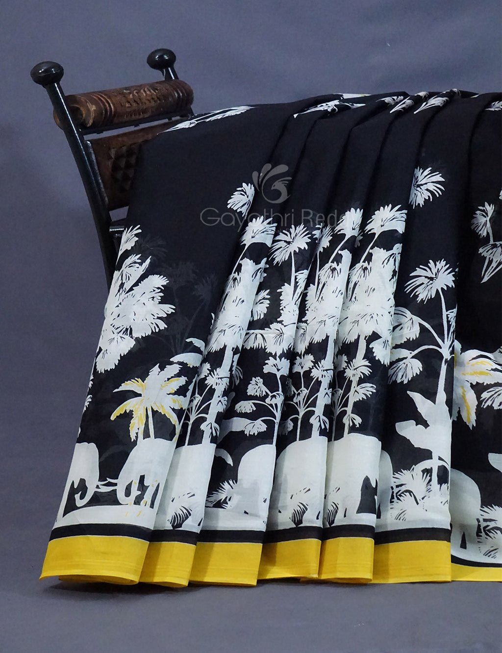 Black And Banana Yellow Colour Block Print Pure Mulmul Cotton Saree By Gayathri Reddy Designer Studio