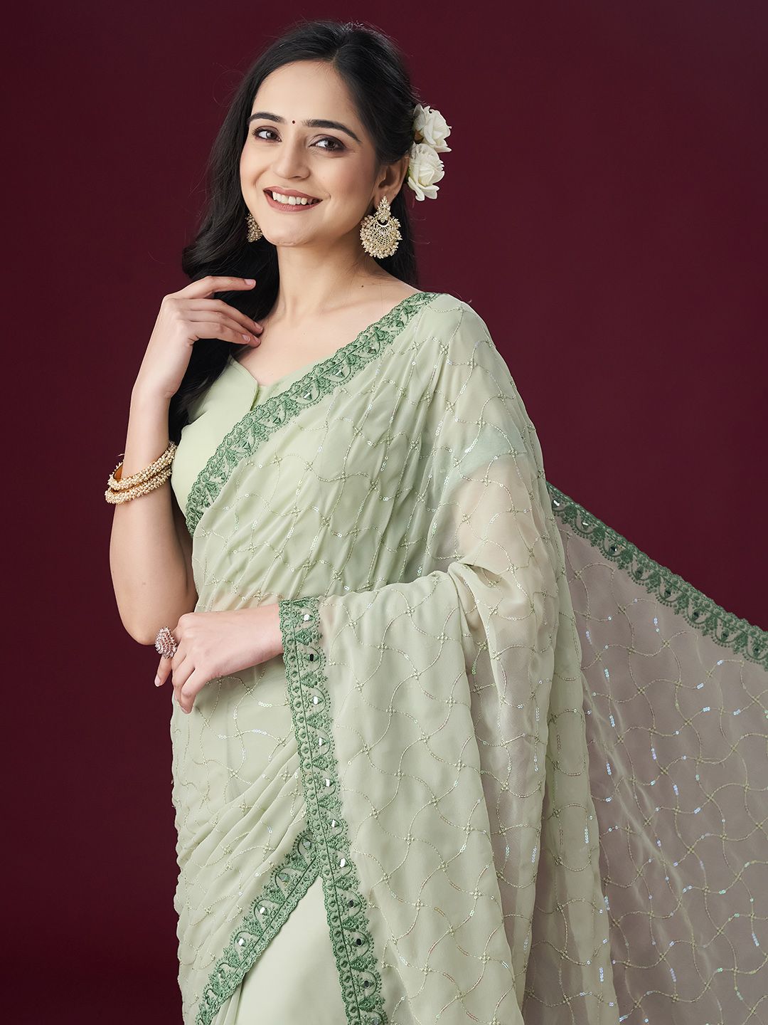 kasee Floral Embroidered Embellished Mirror Work Saree