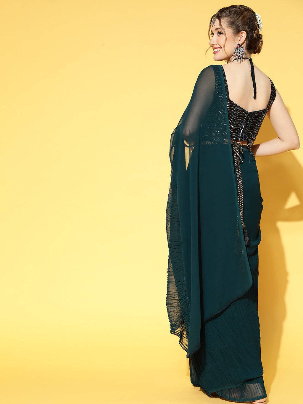 Saree Mall Teal Green & Black Solid Poly Georgette Party Saree with Matching Blouse