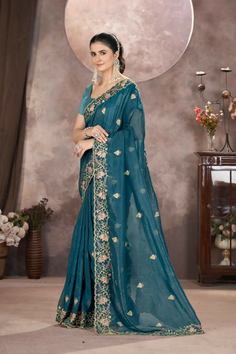 Vastranavya Gold Crunchy Multi Colour Threads Embroidery Work with Sequins Work Saree with Blouse material - Teal