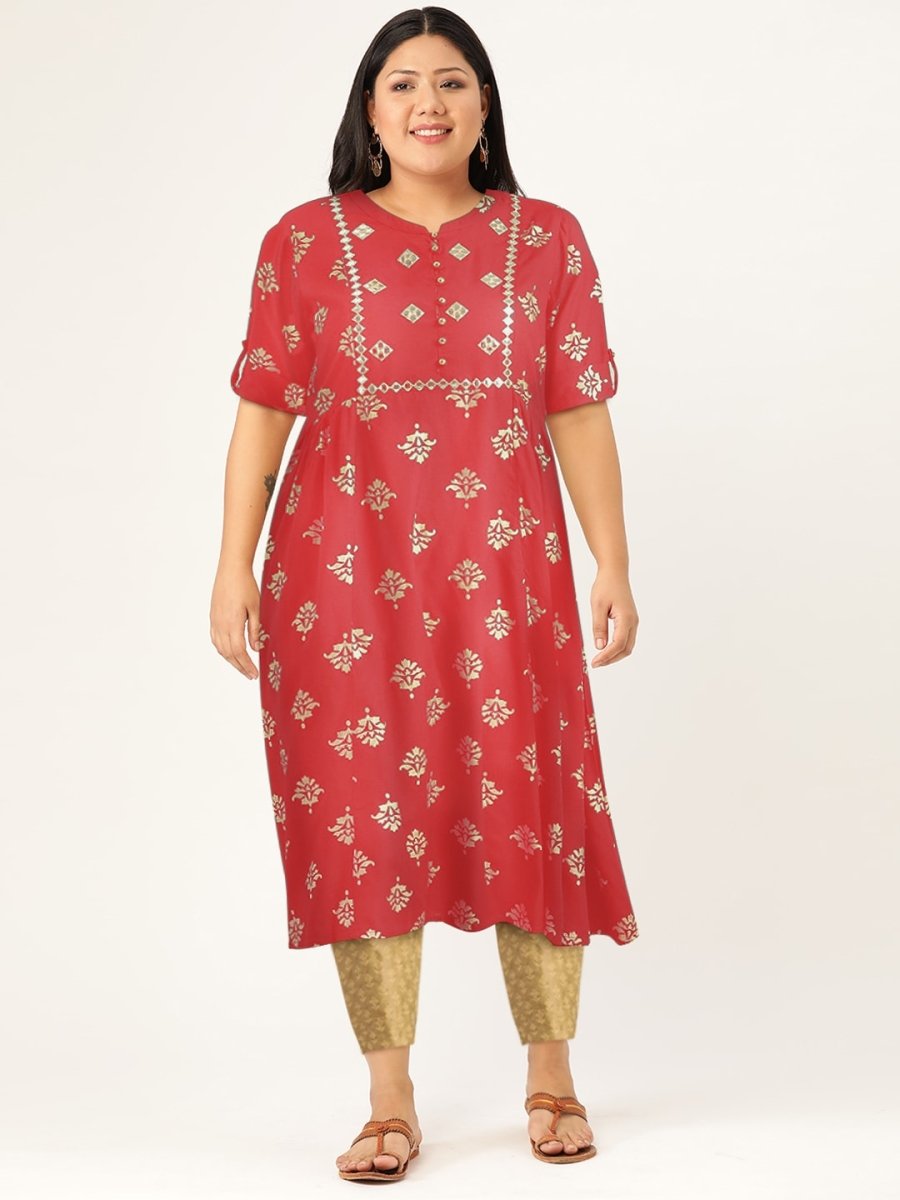 All About You Women Rust & Gold-Toned Ethnic Motifs Printed Mirror Work Kurta