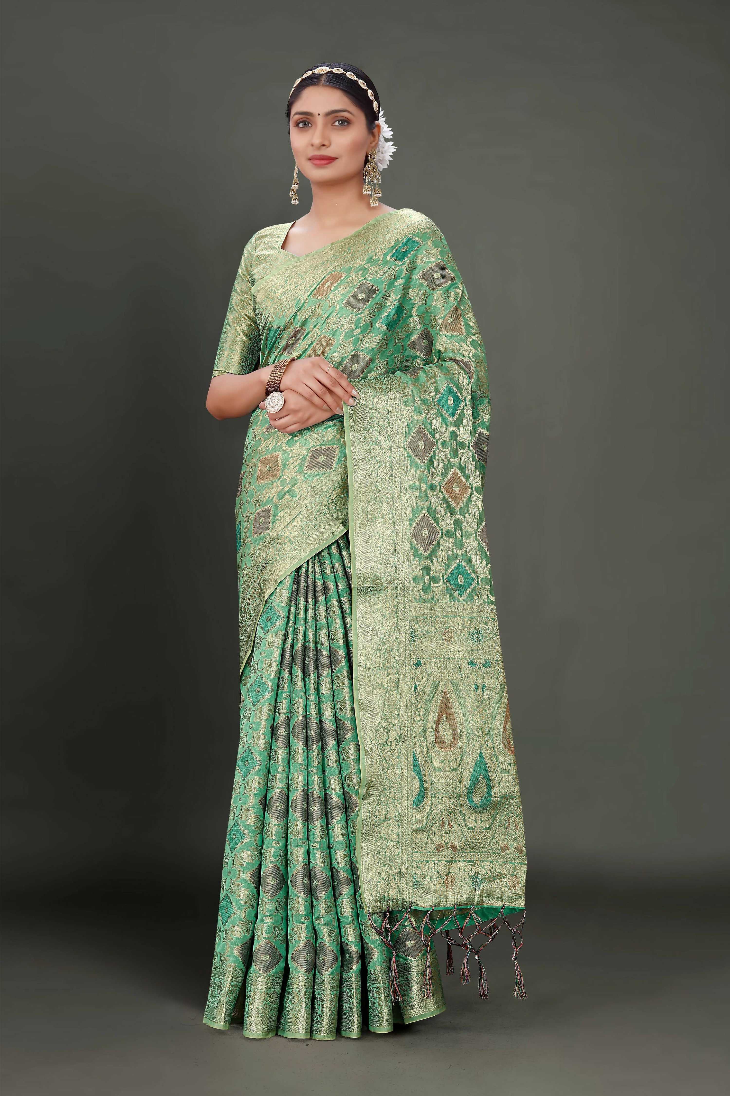Sea Green Soft Organza Woven Design Saree With Unstitched Blouse Piece - Zaara