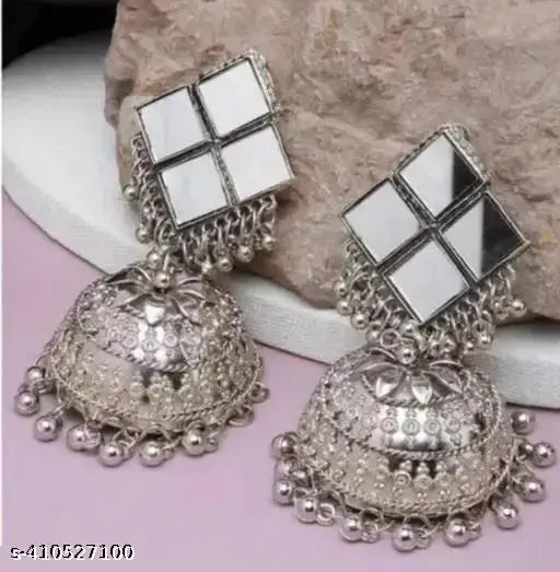 Tehzeeb Creations Women's Silver Plated Earrings With Mirror Design
