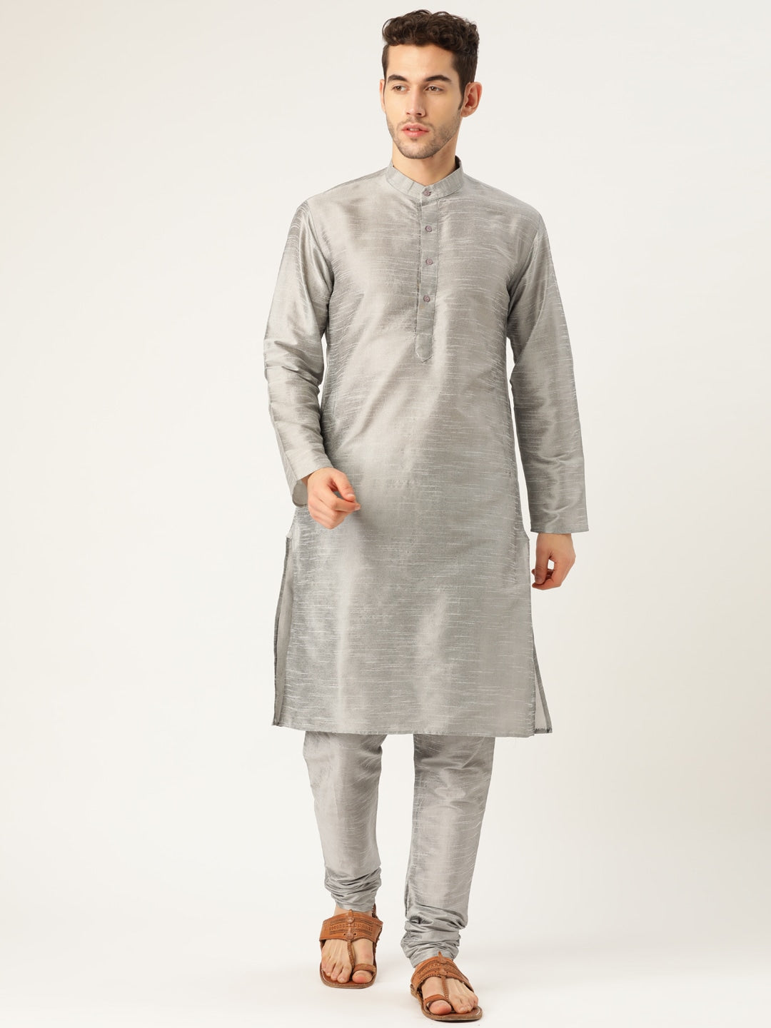 Sojanya Men Grey & Blue Solid Kurta Set with Nehru Jacket