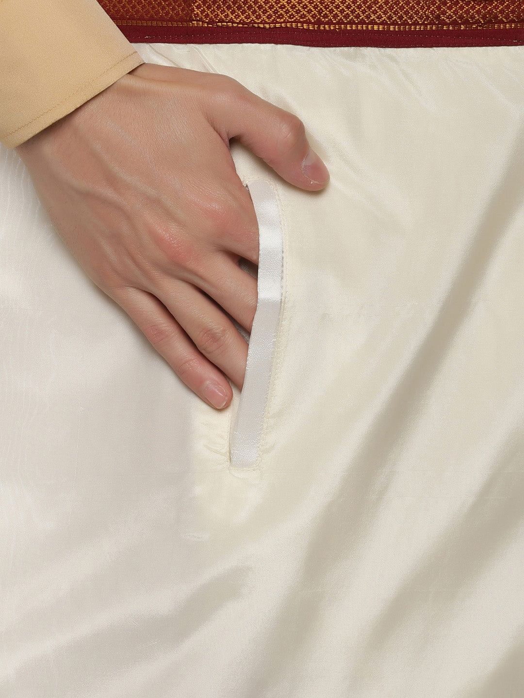 Sethukrishna Men Cream Solid Double Layer Readymade Veshti With Pocket