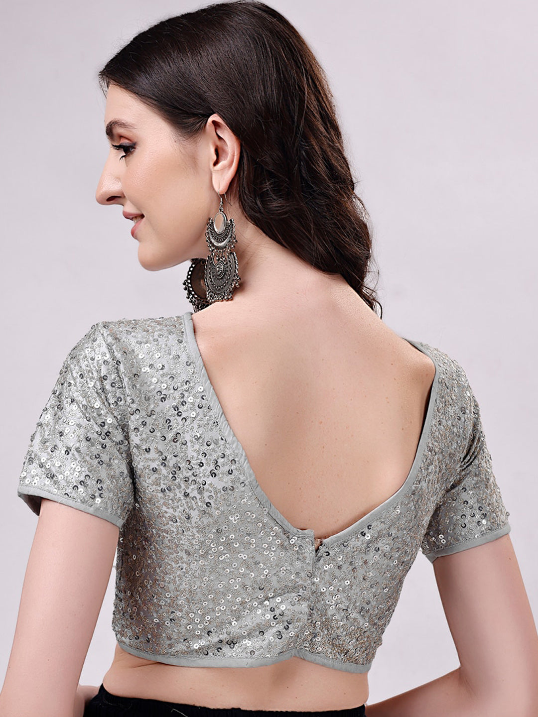 Tikhi Imli Grey Embellished Boat Neck Sequinned Detailed Saree Blouse