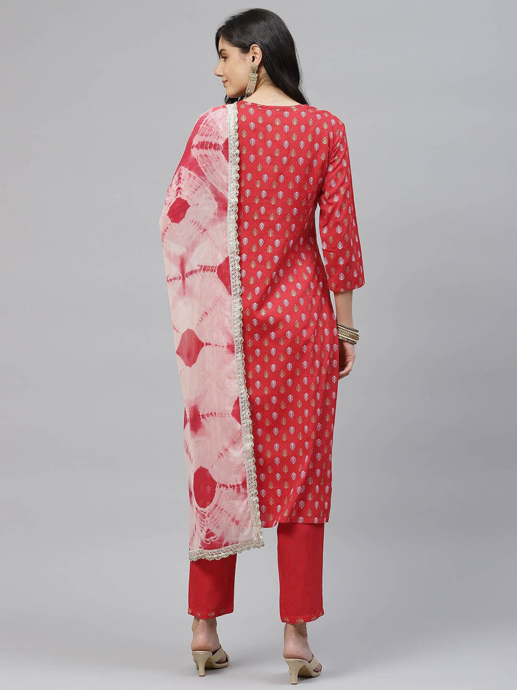 HERE&NOW Women Red Embroidered Straight Kurta with Trousers & With Dupatta