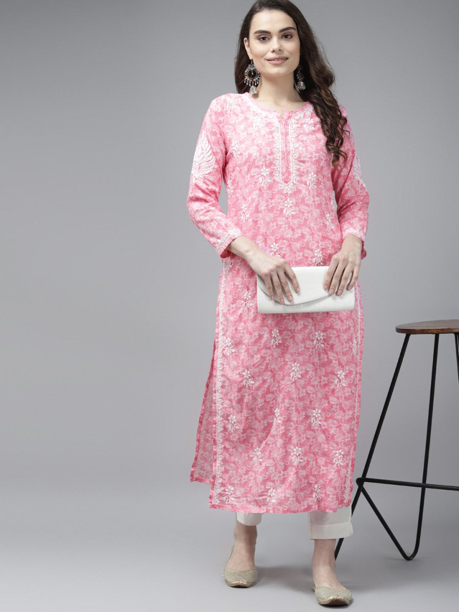 ADA Women Pink & White Floral Chikankari Cotton Handloom Kurta
