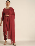All About You Women Maroon & Golden Satin Finish Kurta with Trousers & With Dupatta