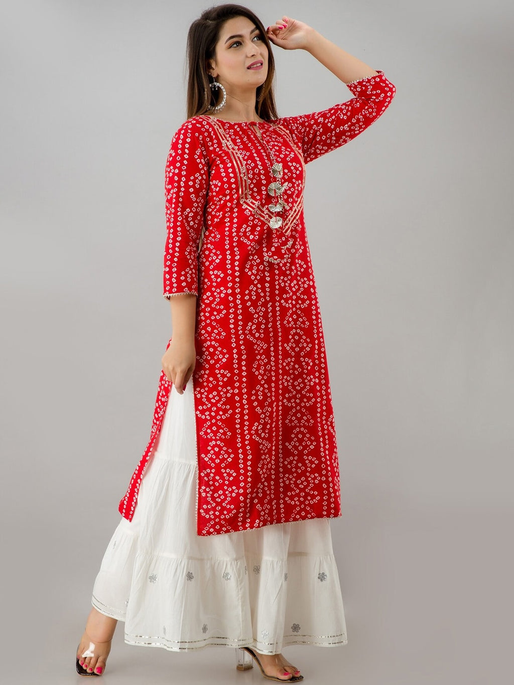 HERE&NOW Red & Gold-Toned Bandhani Printed Gotta Patti Kurta with Sharara