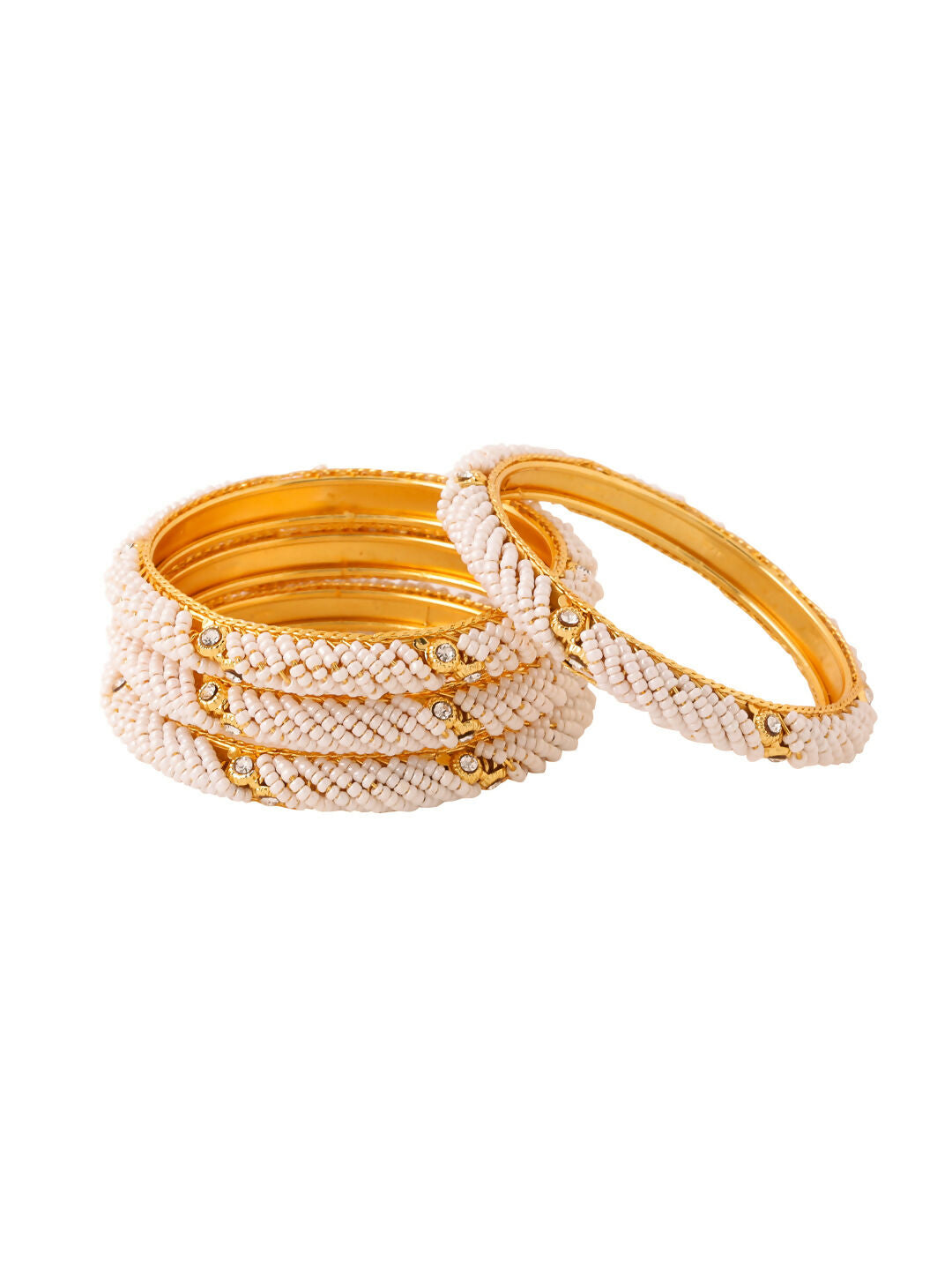 NVR Women Set of 4 Gold-Polished Traditional Pearls Beaded Bangles