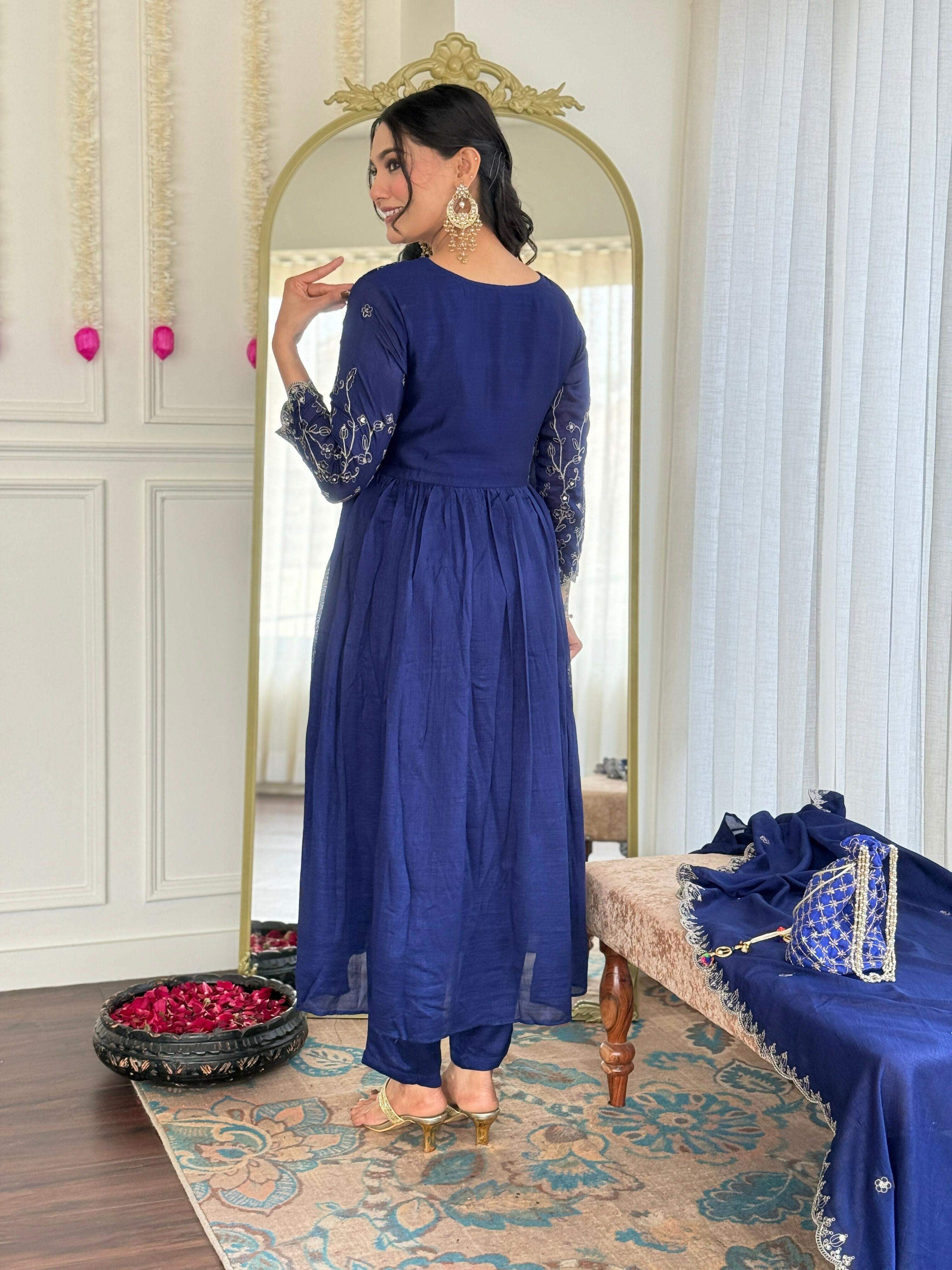 The52 Blue Women's Beautiful Embroidered Vichitra Silk Fabric with Flared Kurta, Pant and Dupatta Set