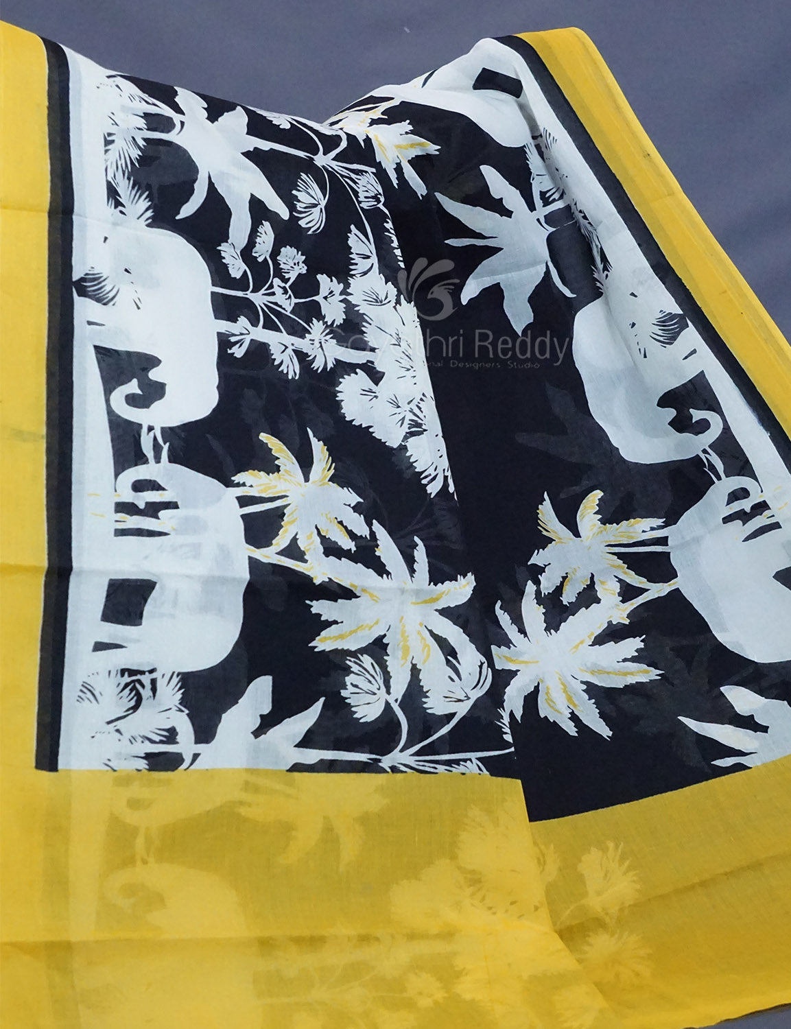 Black And Banana Yellow Colour Block Print Pure Mulmul Cotton Saree By Gayathri Reddy Designer Studio
