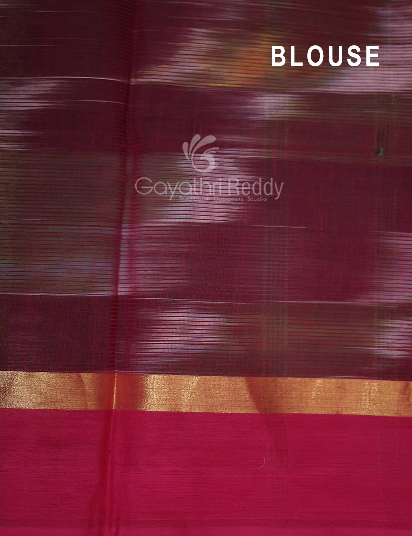 Dual Shades of Mango Green And Maroon Mangalagiri Ikkat Cotton Saree By Gayathri Reddy Designer Studio
