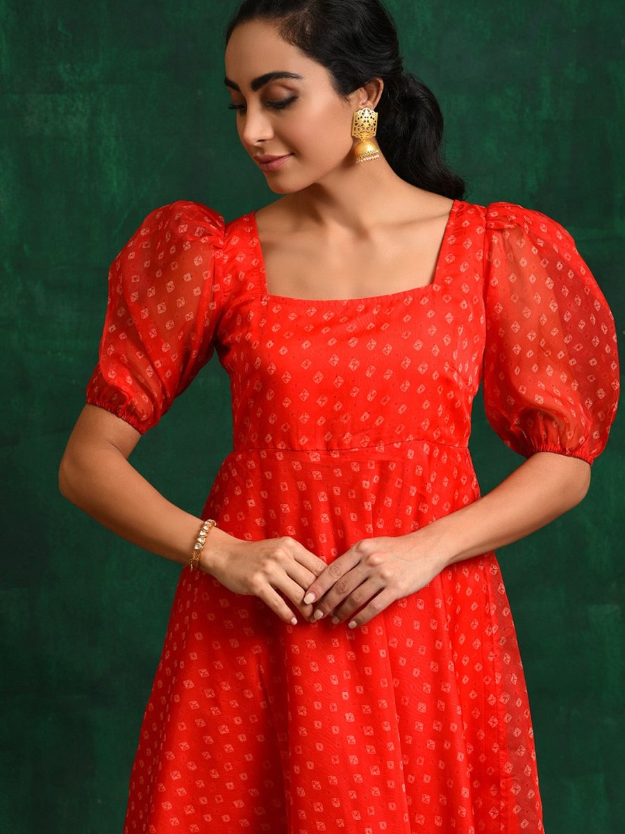 Aks Geometric Printed Sweetheart Neck Puff Sleeves Anarkali Kurta
