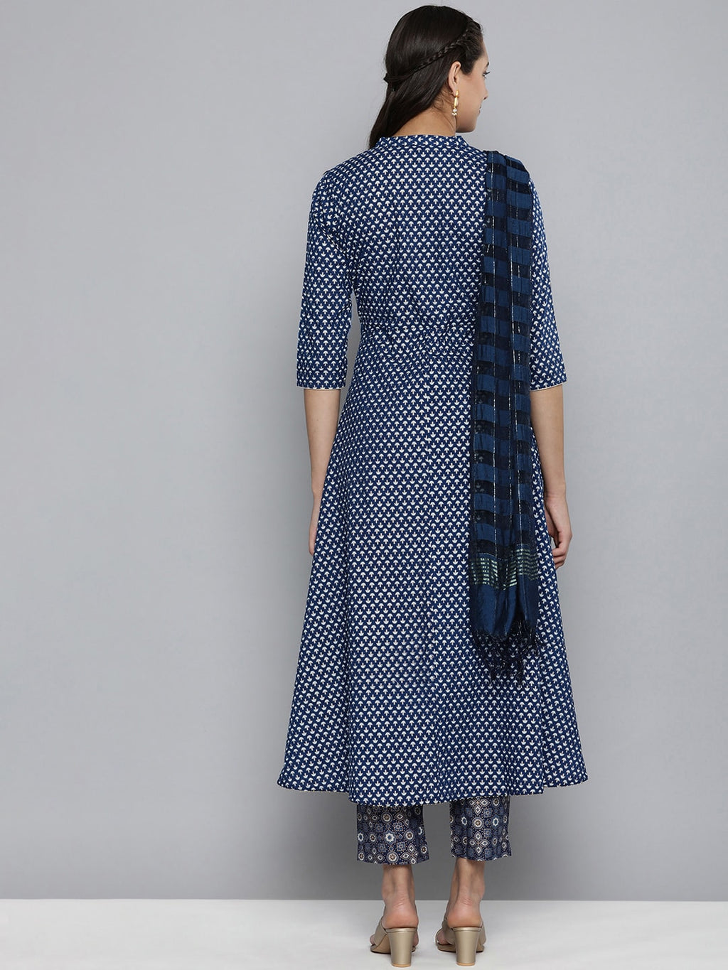 HERE&NOW Women Navy Blue Ethnic Motifs Printed Pure Cotton Kurta with Trousers & With Dupatta