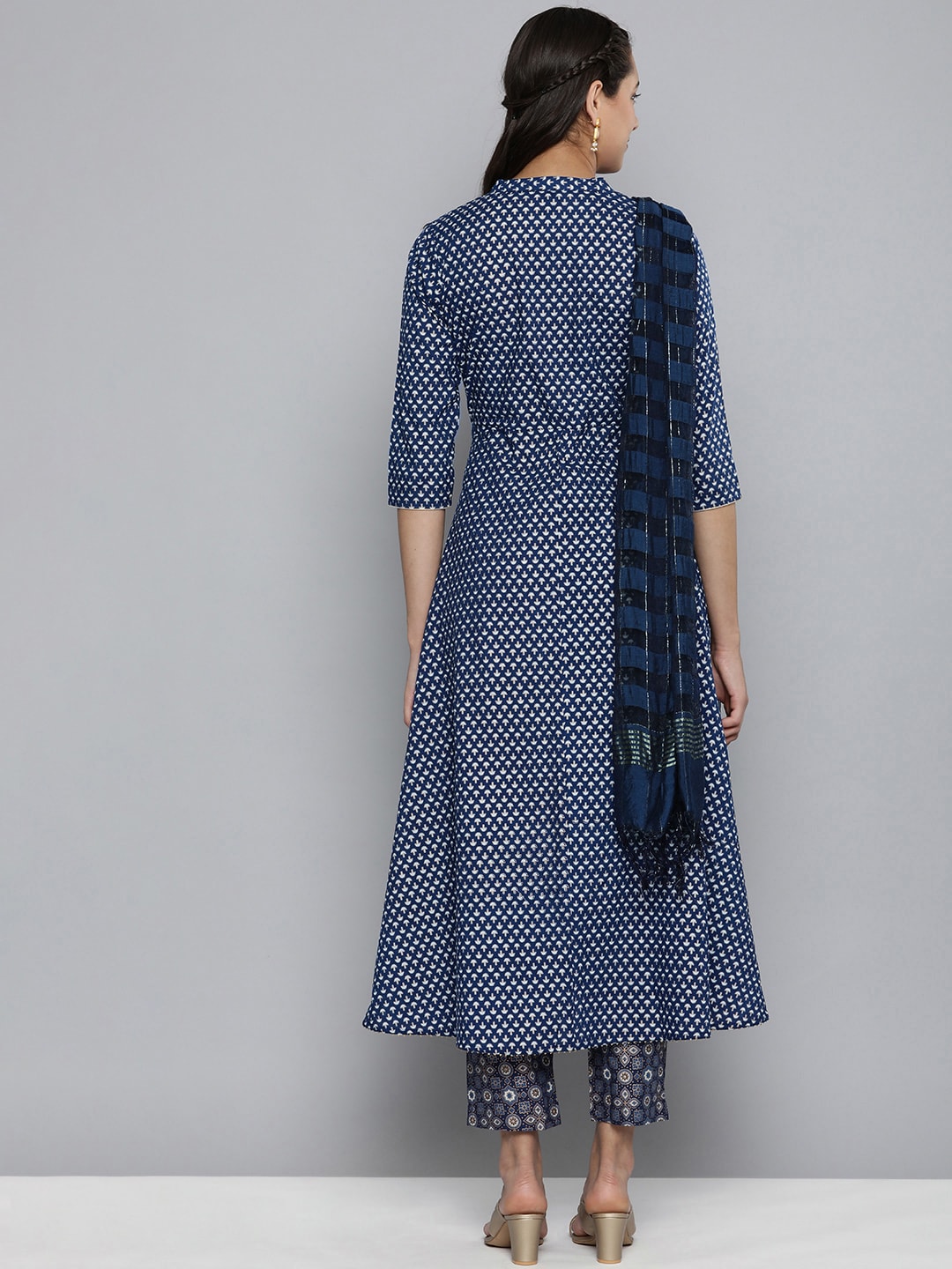 HERE&NOW Women Navy Blue Ethnic Motifs Printed Pure Cotton Kurta with Trousers & With Dupatta