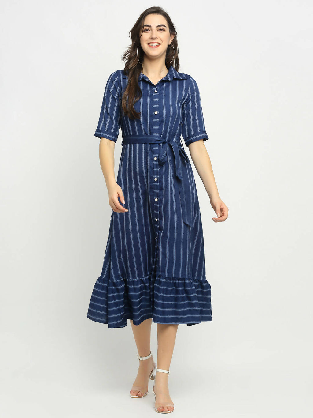Rudra Bazaar Blue A-Line Striped Kurta