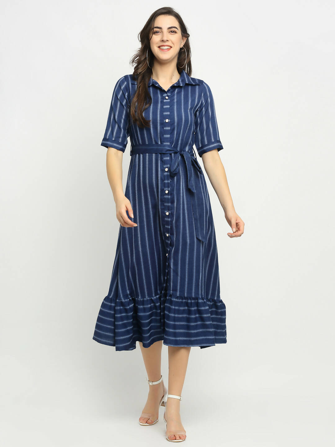 Rudra Bazaar Blue A-Line Striped Kurta