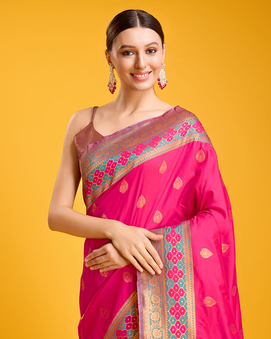 Monjolika Fashion Rani Pink Banarasi Rich Zari Woven Weave For Opulent Charm Silk Saree