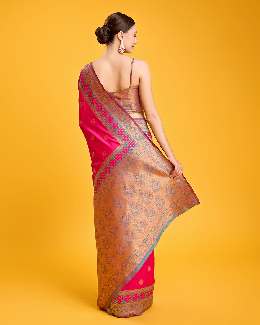 Monjolika Fashion Rani Pink Banarasi Rich Zari Woven Weave For Opulent Charm Silk Saree