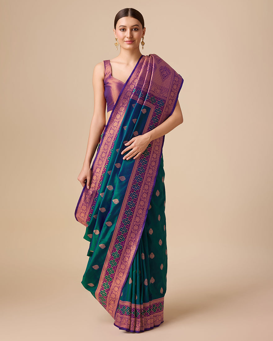 Monjolika Fashion Dark Teal Color Banarasi Rich Zari Woven Weave For Opulent Charm Silk Saree