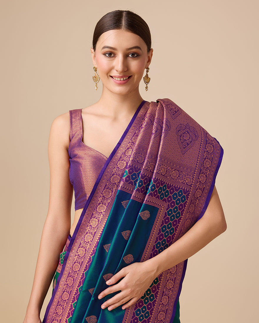 Monjolika Fashion Dark Teal Color Banarasi Rich Zari Woven Weave For Opulent Charm Silk Saree
